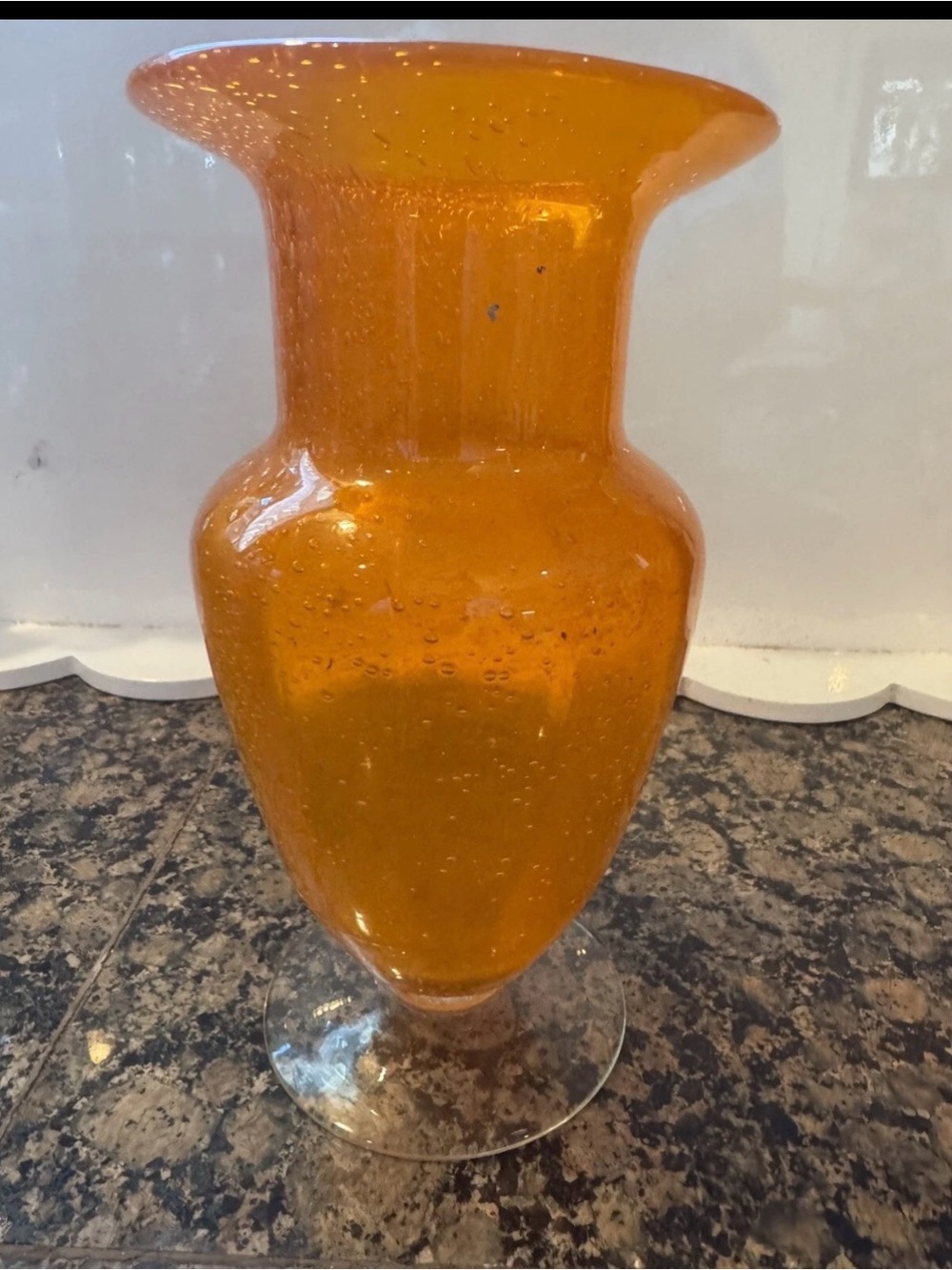 Beautiful tiny bubble Hand Blown Orange Bubble Glass Vase.  Footed.  8”T